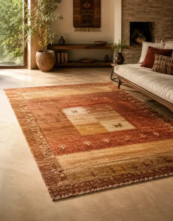 Gabbeh rug styled in a warm living room