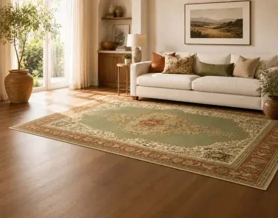 Living room with a green area rug